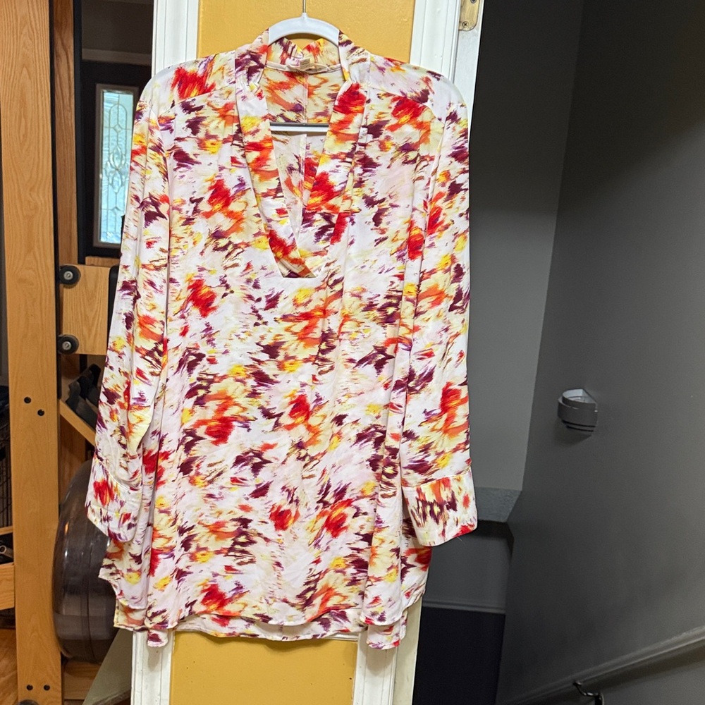 Terra & Sky 2X Abstract Floral Tunic Blouse Long Sleeve Draped Collar Plus Size